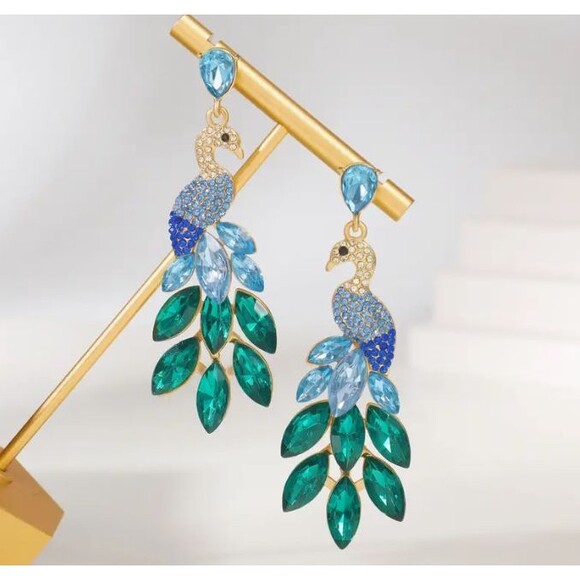 Iced Gold Peacock Dangle Earrings Blue Green Rhinestones - Picture 5 of 6